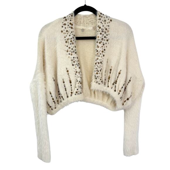 Anthropologie Knitted Knotted XS Crop Bolero Open Cardigan Ivory Sequined Fuzzy - Picture 3 of 12